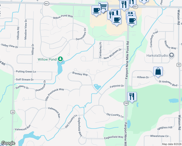 map of restaurants, bars, coffee shops, grocery stores, and more near 70 Onyx Drive in Penfield