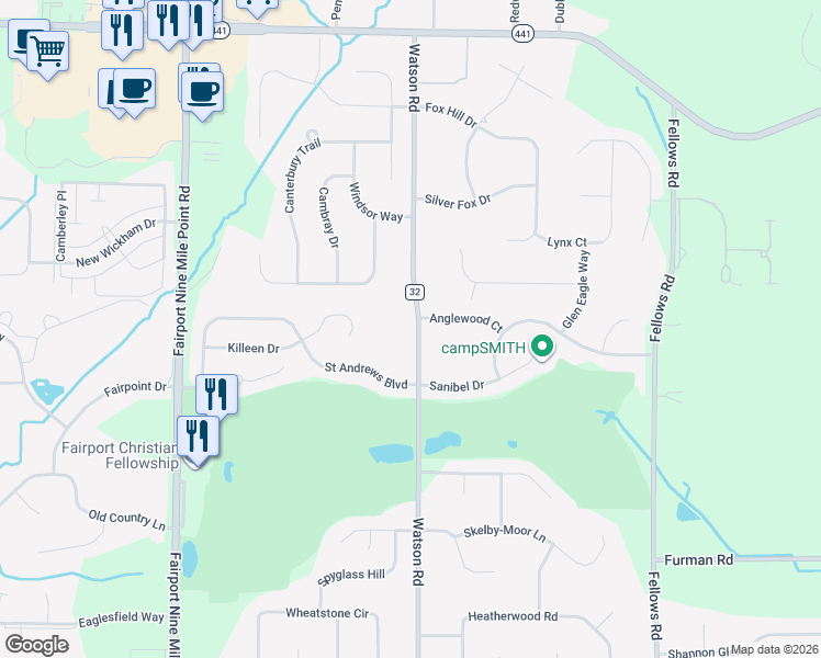 map of restaurants, bars, coffee shops, grocery stores, and more near 247 Watson Road in Fairport
