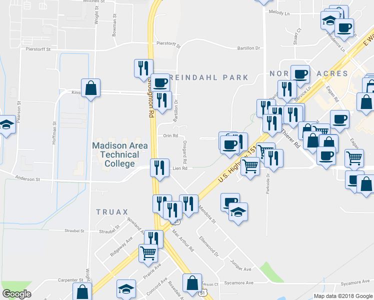 map of restaurants, bars, coffee shops, grocery stores, and more near 1715 Onsgard Road in Madison