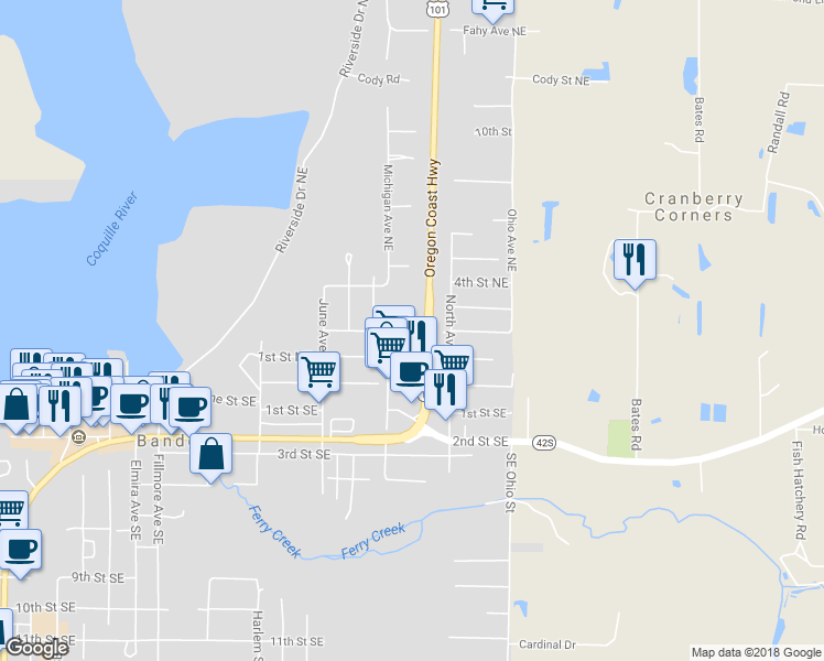 map of restaurants, bars, coffee shops, grocery stores, and more near 1061 2nd Street Northeast in Bandon