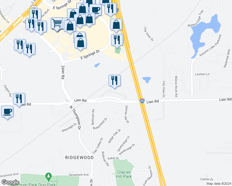 map of restaurants, bars, coffee shops, grocery stores, and more near Autumn Leaf Lane in Madison