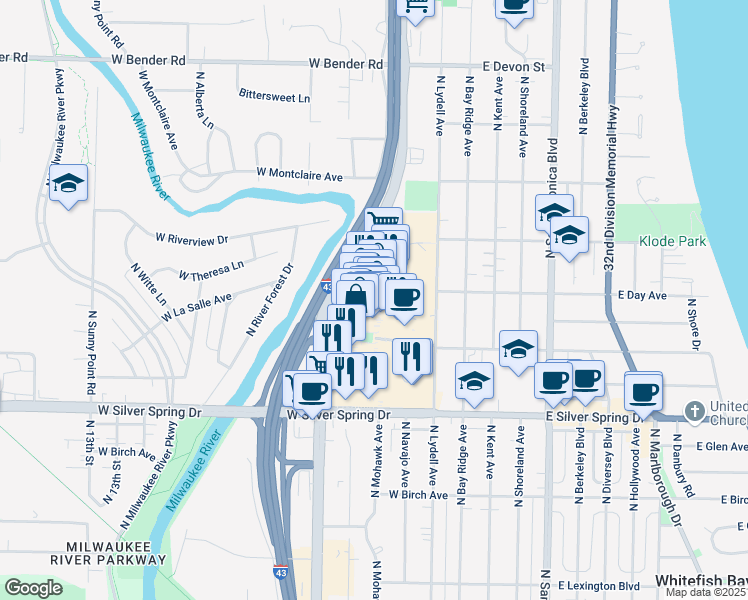 map of restaurants, bars, coffee shops, grocery stores, and more near 5766 N Bayshore Dr in Milwaukee