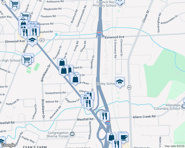 map of restaurants, bars, coffee shops, grocery stores, and more near 171 Sunset Drive in Rochester