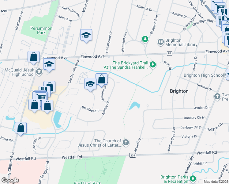 map of restaurants, bars, coffee shops, grocery stores, and more near 85 Ashley Drive in Rochester