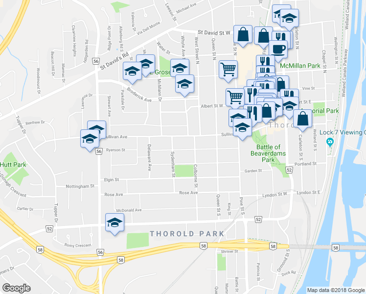 map of restaurants, bars, coffee shops, grocery stores, and more near in Thorold