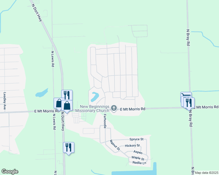 map of restaurants, bars, coffee shops, grocery stores, and more near 8-67 Clydesdale Street in Mount Morris