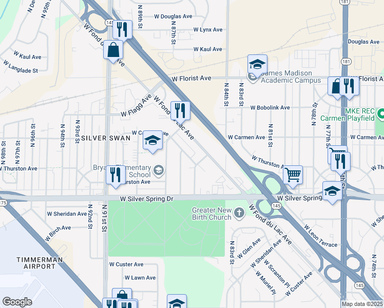 map of restaurants, bars, coffee shops, grocery stores, and more near 8612-8614 West Medford Avenue in Milwaukee