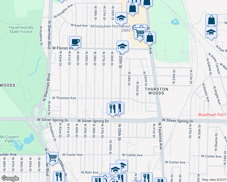 map of restaurants, bars, coffee shops, grocery stores, and more near 5734 North 36th Street in Milwaukee