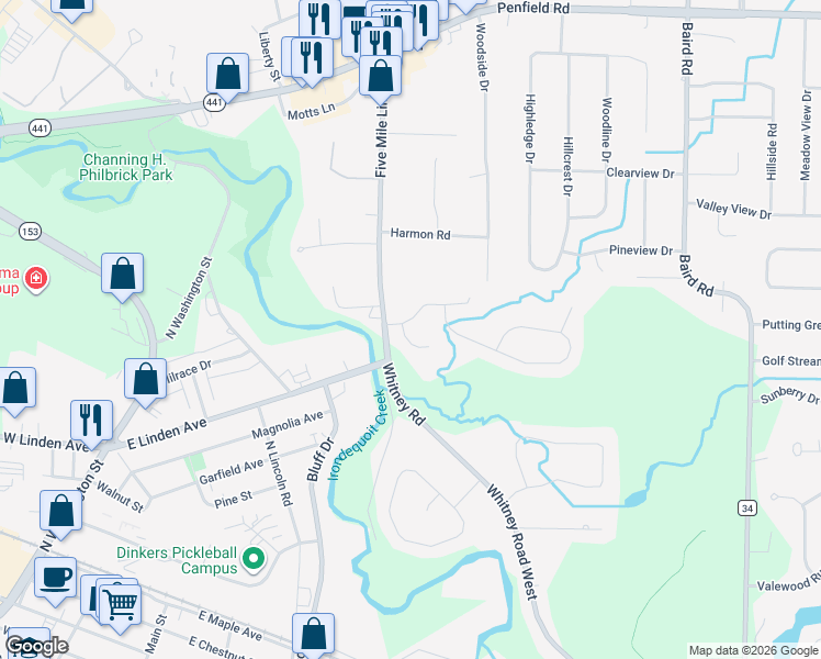 map of restaurants, bars, coffee shops, grocery stores, and more near 11 Glen Circle in Penfield