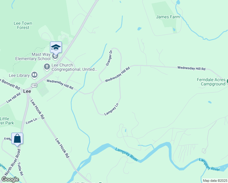 map of restaurants, bars, coffee shops, grocery stores, and more near 25 Lamprey Lane in Lee