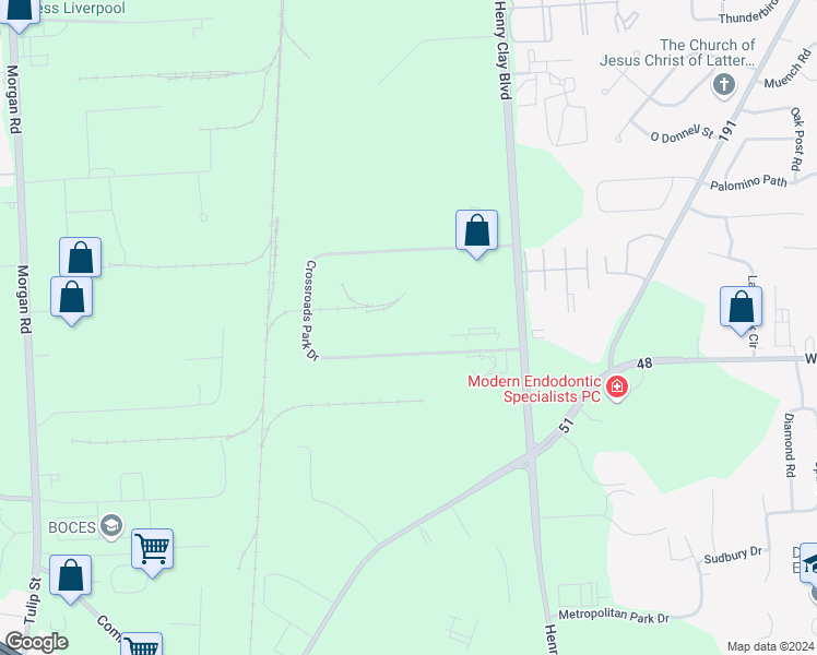 map of restaurants, bars, coffee shops, grocery stores, and more near 4604 Crossroads Park Drive in Liverpool