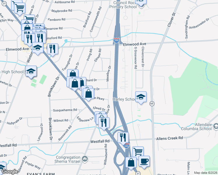 map of restaurants, bars, coffee shops, grocery stores, and more near 171 Sunset Drive in Rochester