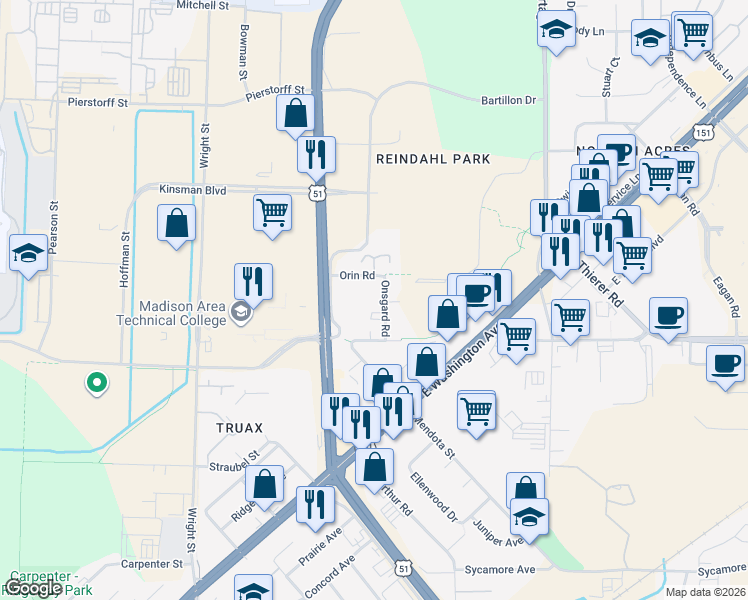 map of restaurants, bars, coffee shops, grocery stores, and more near 1717 North Stoughton Road in Madison
