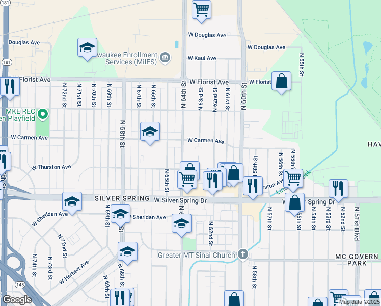 map of restaurants, bars, coffee shops, grocery stores, and more near 5736 North 64th Street in Milwaukee