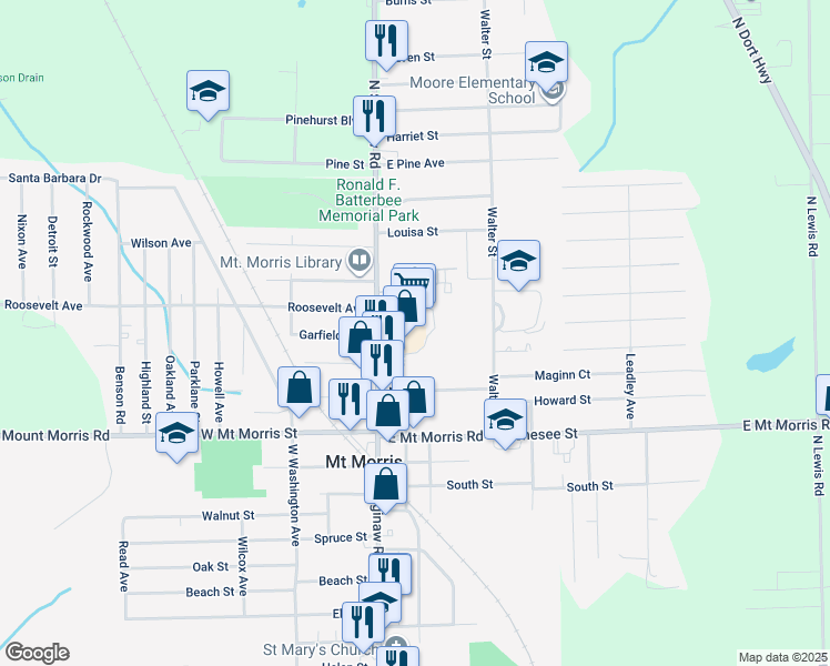 map of restaurants, bars, coffee shops, grocery stores, and more near 11966 Saginaw Street in Mount Morris