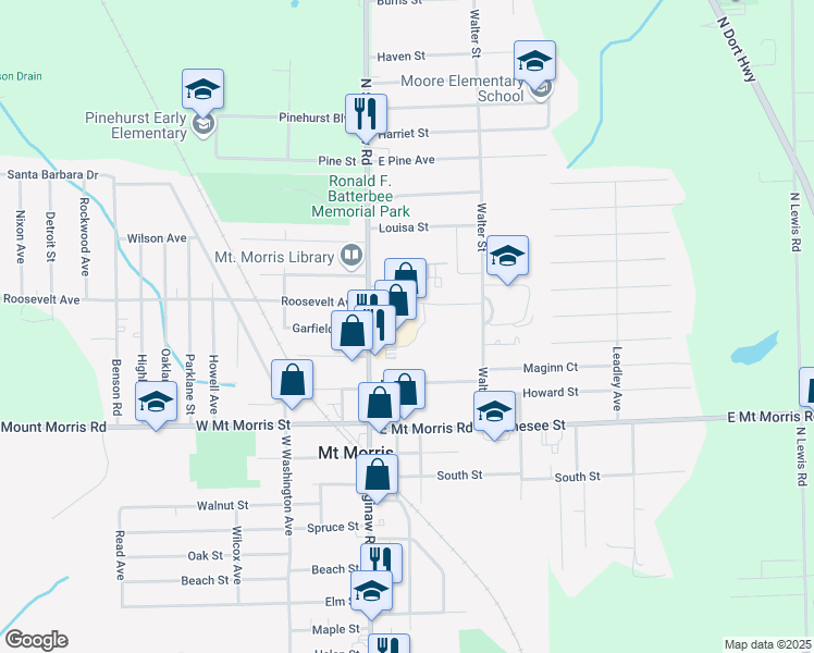 map of restaurants, bars, coffee shops, grocery stores, and more near 11966 Saginaw Street in Mount Morris