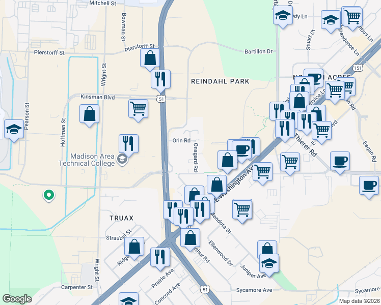 map of restaurants, bars, coffee shops, grocery stores, and more near 1718 Onsgard Road in Madison