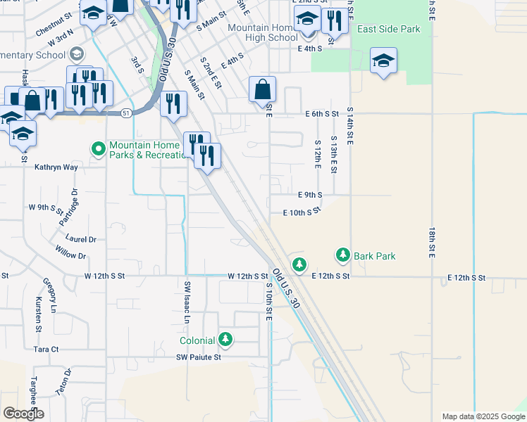 map of restaurants, bars, coffee shops, grocery stores, and more near 935 Daniels Road in Mountain Home