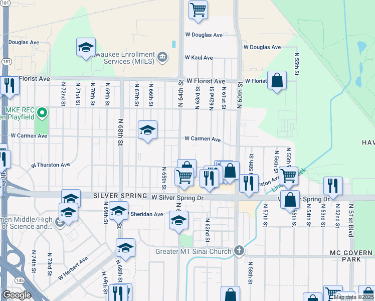 map of restaurants, bars, coffee shops, grocery stores, and more near 5736 North 64th Street in Milwaukee