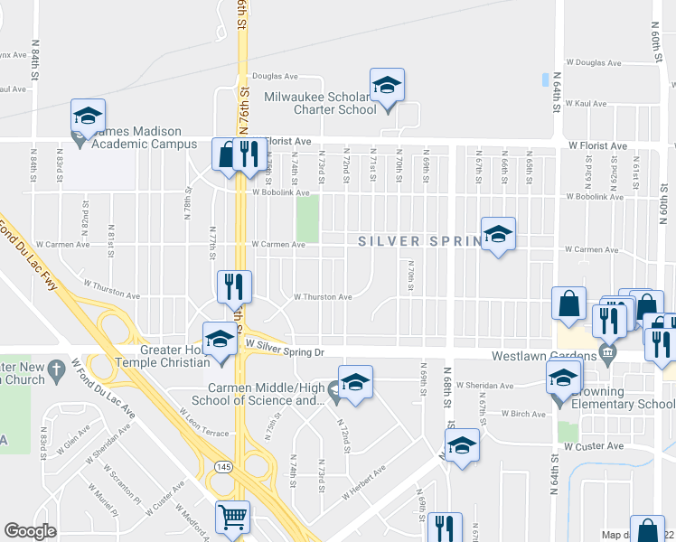 map of restaurants, bars, coffee shops, grocery stores, and more near 5739 North 72nd Street in Milwaukee
