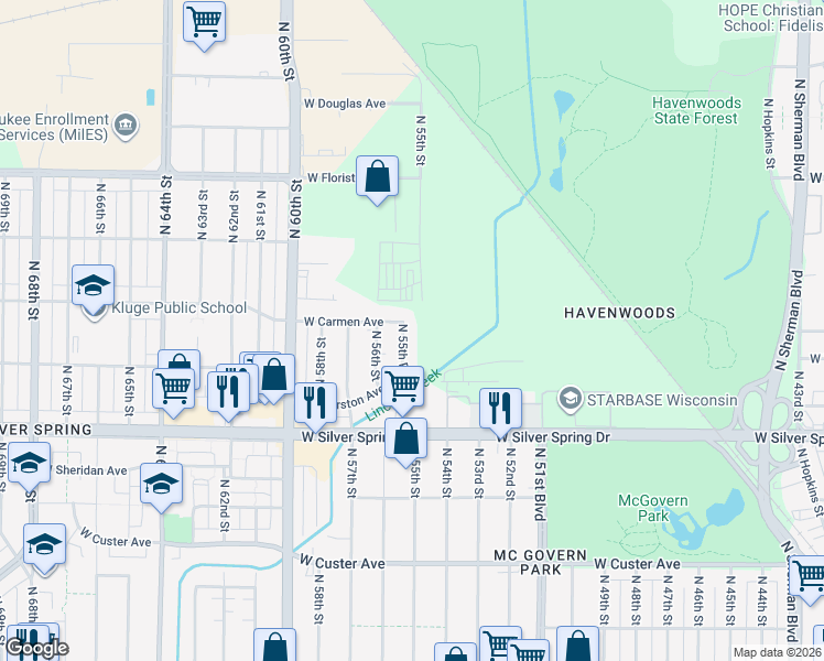 map of restaurants, bars, coffee shops, grocery stores, and more near 5718 North 55th Place in Milwaukee