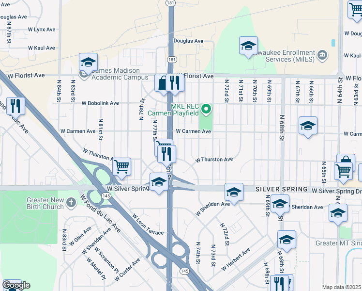 map of restaurants, bars, coffee shops, grocery stores, and more near 5729 North 75th Street in Milwaukee