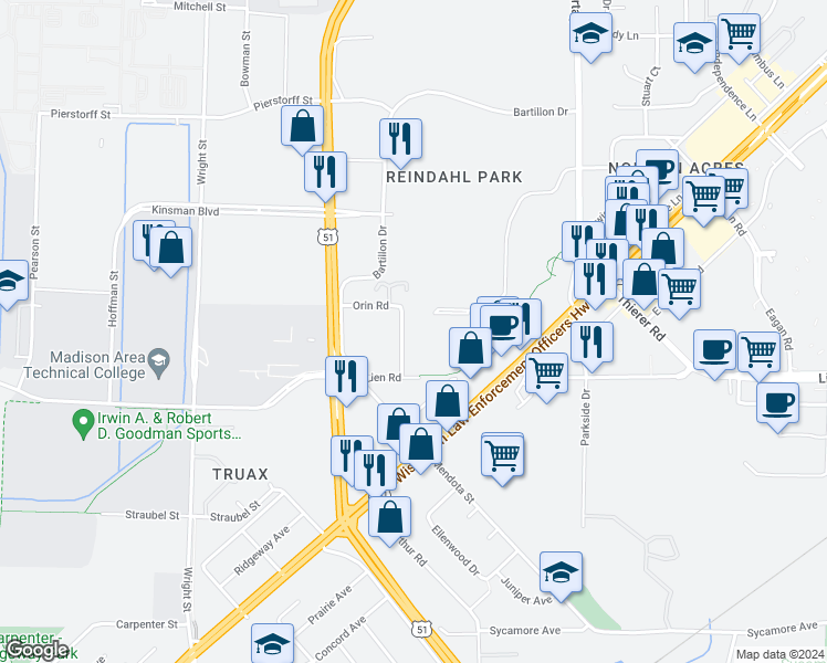 map of restaurants, bars, coffee shops, grocery stores, and more near 1713 Onsgard Road in Madison