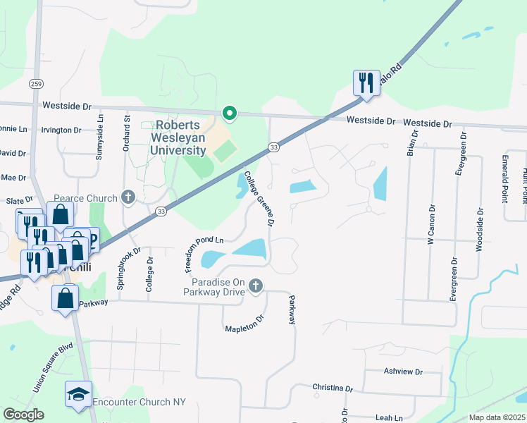 map of restaurants, bars, coffee shops, grocery stores, and more near 26 College Greene Drive in North Chili