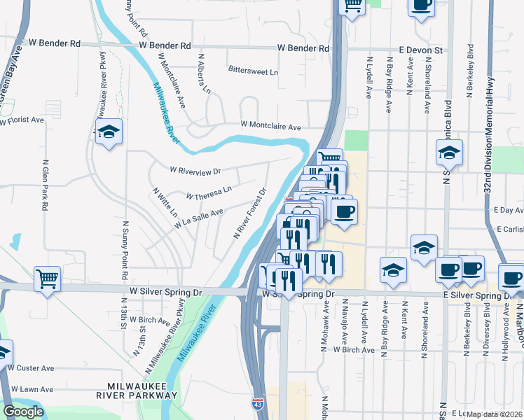 map of restaurants, bars, coffee shops, grocery stores, and more near 5790 North River Forest Drive in Glendale
