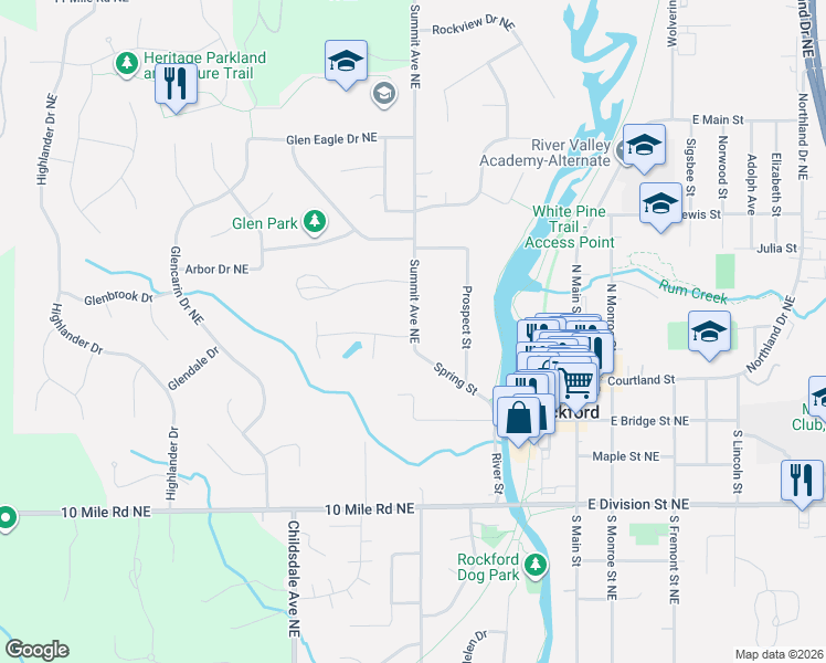map of restaurants, bars, coffee shops, grocery stores, and more near 131 Summit Avenue Northeast in Rockford