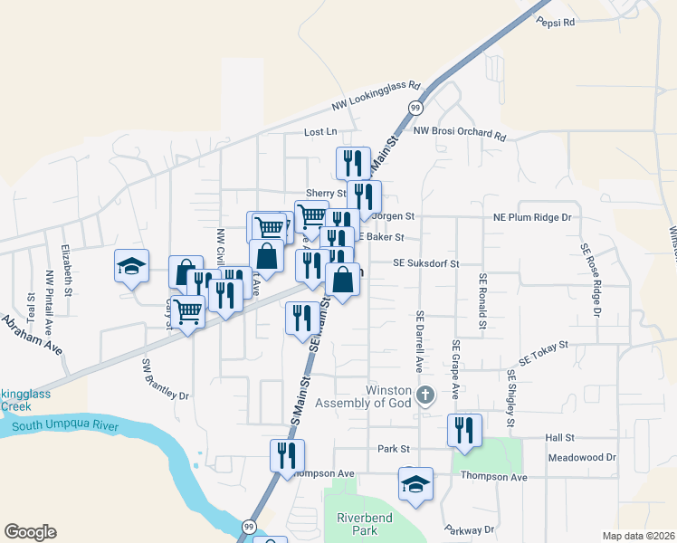 map of restaurants, bars, coffee shops, grocery stores, and more near  in Winston