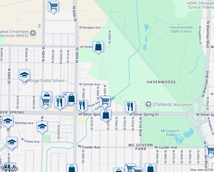 map of restaurants, bars, coffee shops, grocery stores, and more near 5718 North 55th Place in Milwaukee