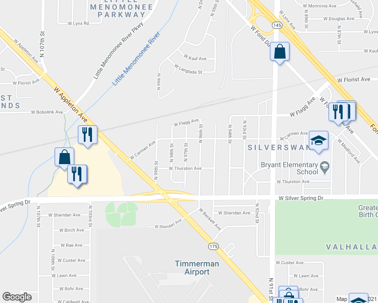 map of restaurants, bars, coffee shops, grocery stores, and more near 5746 North 97th Street in Milwaukee
