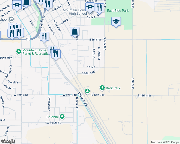 map of restaurants, bars, coffee shops, grocery stores, and more near 1090 East 10th South Street in Mountain Home