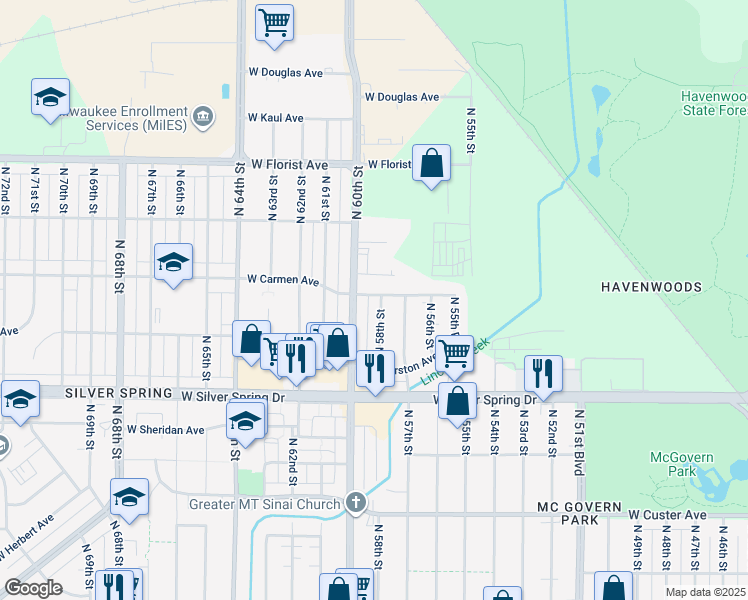 map of restaurants, bars, coffee shops, grocery stores, and more near 5800 North 60th Street in Milwaukee