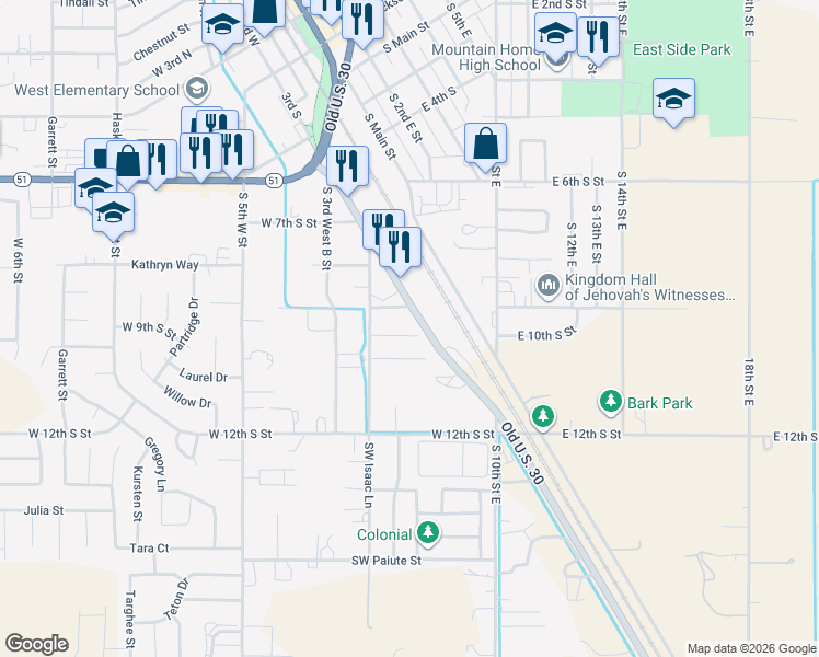 map of restaurants, bars, coffee shops, grocery stores, and more near 220 Colleen Drive in Mountain Home