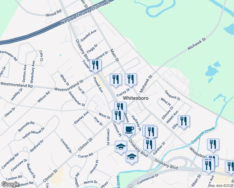 map of restaurants, bars, coffee shops, grocery stores, and more near 14 Roosevelt Drive in Whitesboro