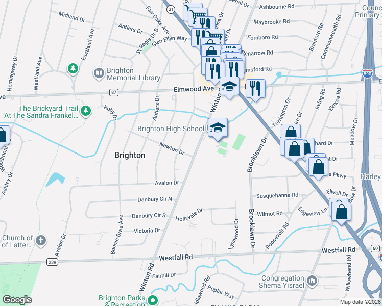 map of restaurants, bars, coffee shops, grocery stores, and more near 1190 South Winton Road in Rochester