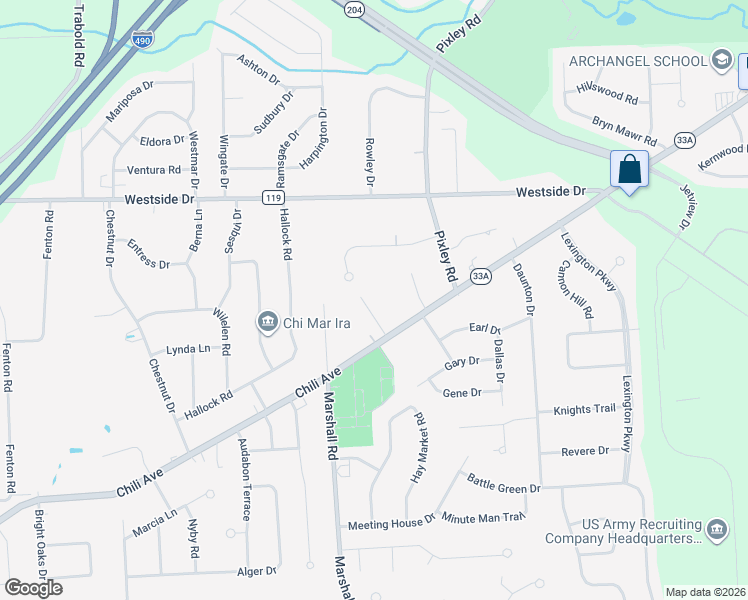 map of restaurants, bars, coffee shops, grocery stores, and more near 5 Wyncrest Drive in Rochester