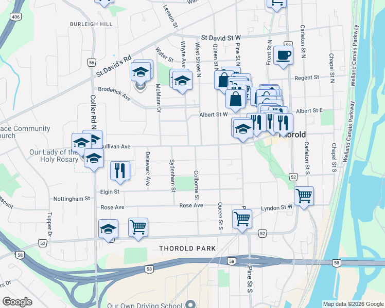 map of restaurants, bars, coffee shops, grocery stores, and more near in Thorold