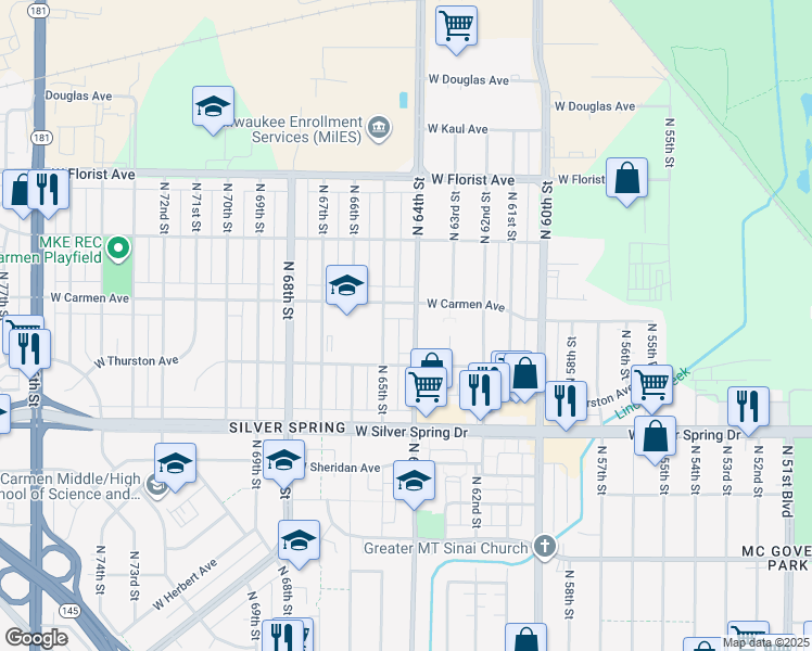 map of restaurants, bars, coffee shops, grocery stores, and more near 5735 North 64th Street in Milwaukee