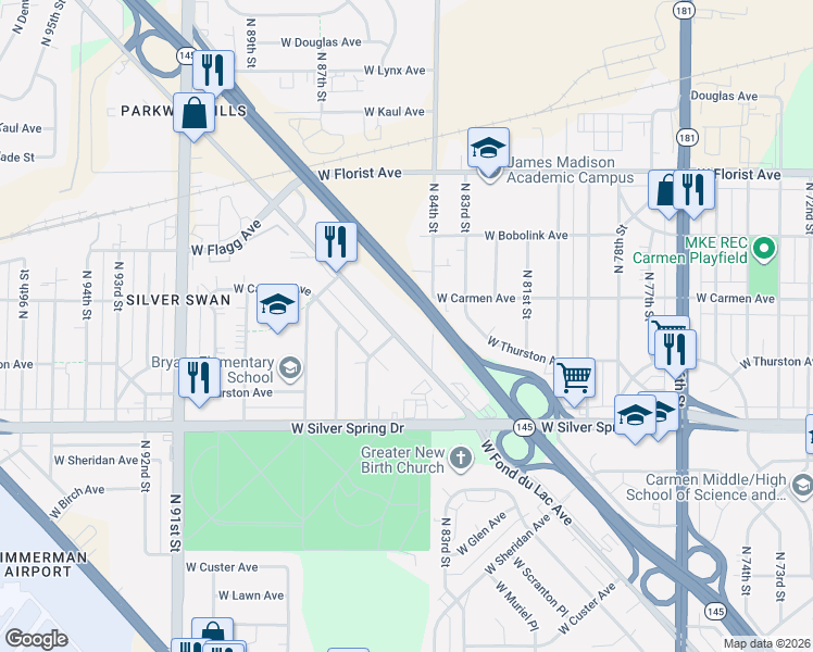 map of restaurants, bars, coffee shops, grocery stores, and more near 8600 West Fond Du Lac Avenue in Milwaukee