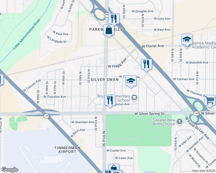 map of restaurants, bars, coffee shops, grocery stores, and more near 5723 North 91st Street in Milwaukee