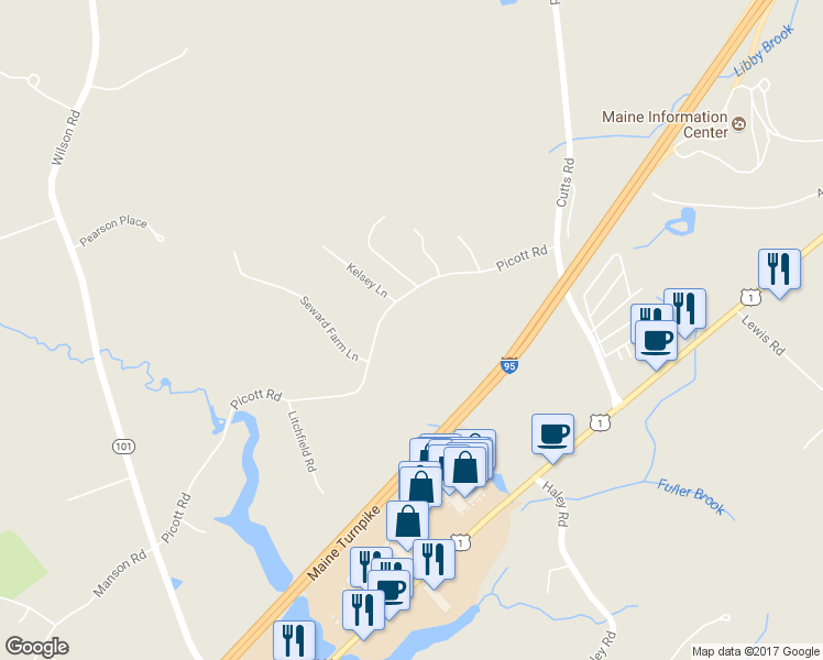 map of restaurants, bars, coffee shops, grocery stores, and more near 68 Picott Road in Kittery