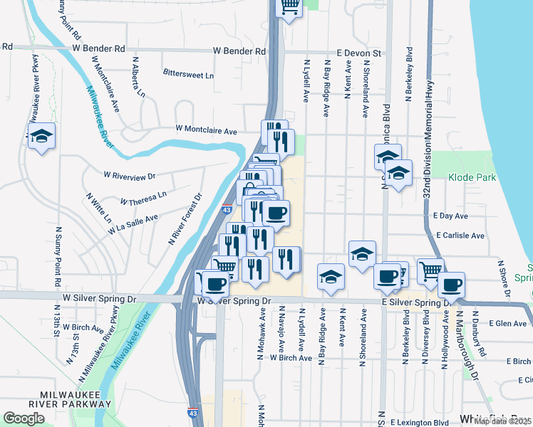 map of restaurants, bars, coffee shops, grocery stores, and more near 5738 North Bayshore Drive in Glendale