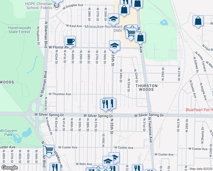 map of restaurants, bars, coffee shops, grocery stores, and more near 5722 North 36th Street in Milwaukee