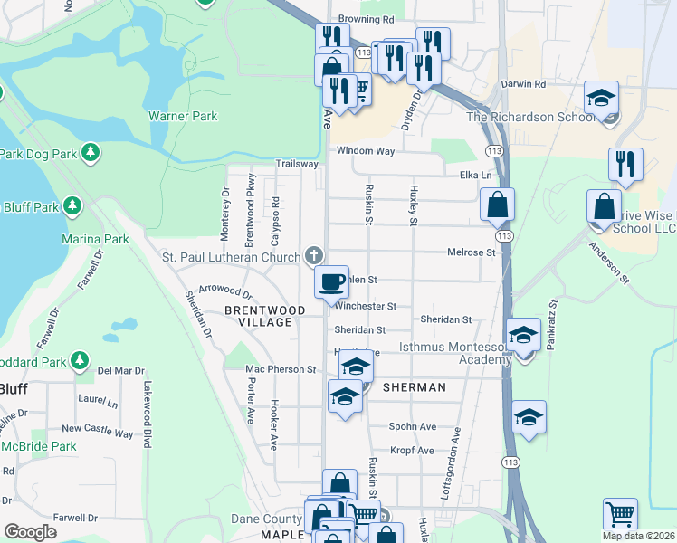 map of restaurants, bars, coffee shops, grocery stores, and more near 1721 Vahlen Street in Madison