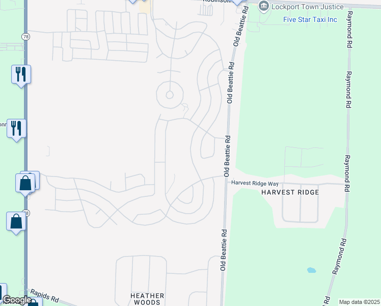 map of restaurants, bars, coffee shops, grocery stores, and more near 608 Birchwood Drive in Lockport