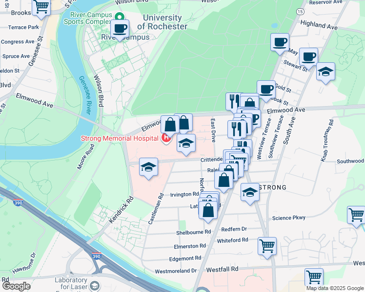 map of restaurants, bars, coffee shops, grocery stores, and more near in Rochester