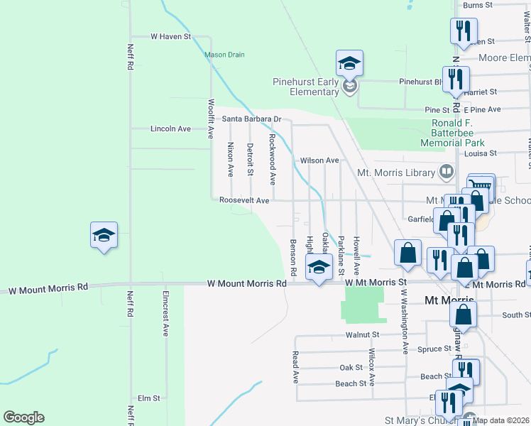 map of restaurants, bars, coffee shops, grocery stores, and more near 8177 Roosevelt Avenue in Mount Morris